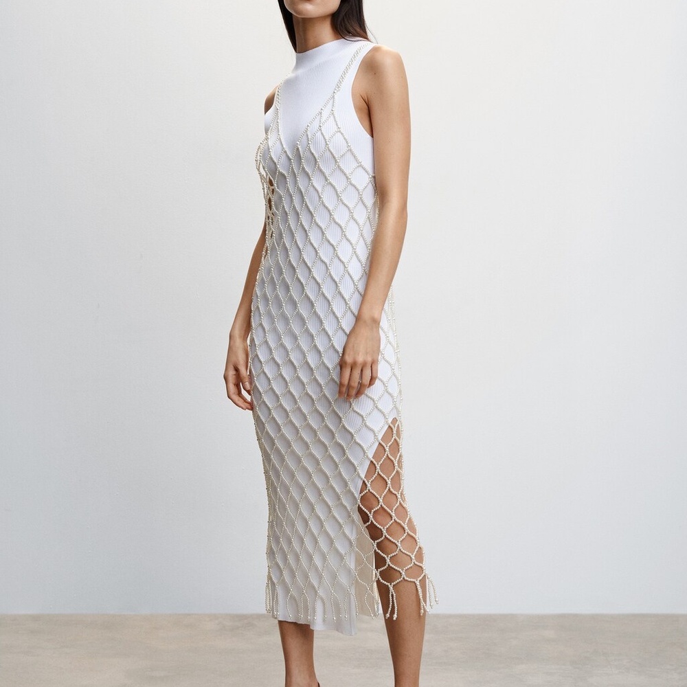 Sleeveless White Midi Dress with Net Overlay